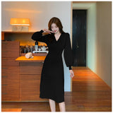 Women Casual Kintting Slim Autumn Winter Dresses V-neck Knee-Length Sweater Dress Office Lady Chic Vestidos