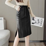 High Waist Pencil Skirts Women Korean Style All-match Vintage PU Leather Ladies Knee-length Skirt