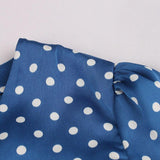 2021 Women Blue Vintage Button Up Shirt V-Neck Short Sleeve Polka Dot Tops Slim Fit Female Summer Retro Style Slim Shirts