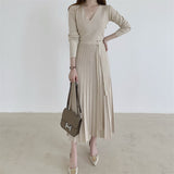 V Neck Long Sleeve Knitted Dress With Belt Autumn Winter Chic Elegant Pleated Midi Dress