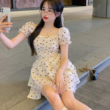 Summer Polka Dot Print Dress Korean Puff Sleeve Designer Elegant Sweet Dress Ruffles Yellow Party Mini Kawaii Casual Dress 2021