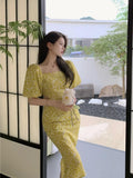 Women Summer Yellow Floral Dress Hollow Out Midi Slim Casual Party Retro Short Puff Sleeve Dress