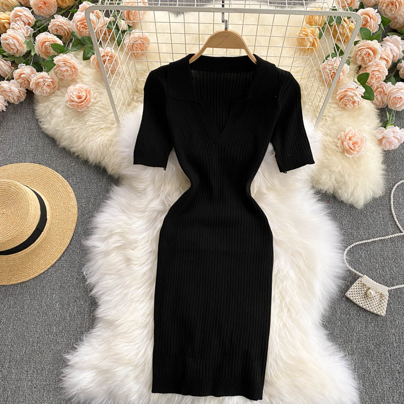 Polo Neck Solid Color Casual Ribbed Knitted Dress Woman Short Sleeve Sexy Mini Bodycon Dress