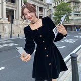 Women Vintage Velvet Puff Sleeve Single Breasted Buttons Dress Elegant Square Neck Harajuku Fashion Female Vestido