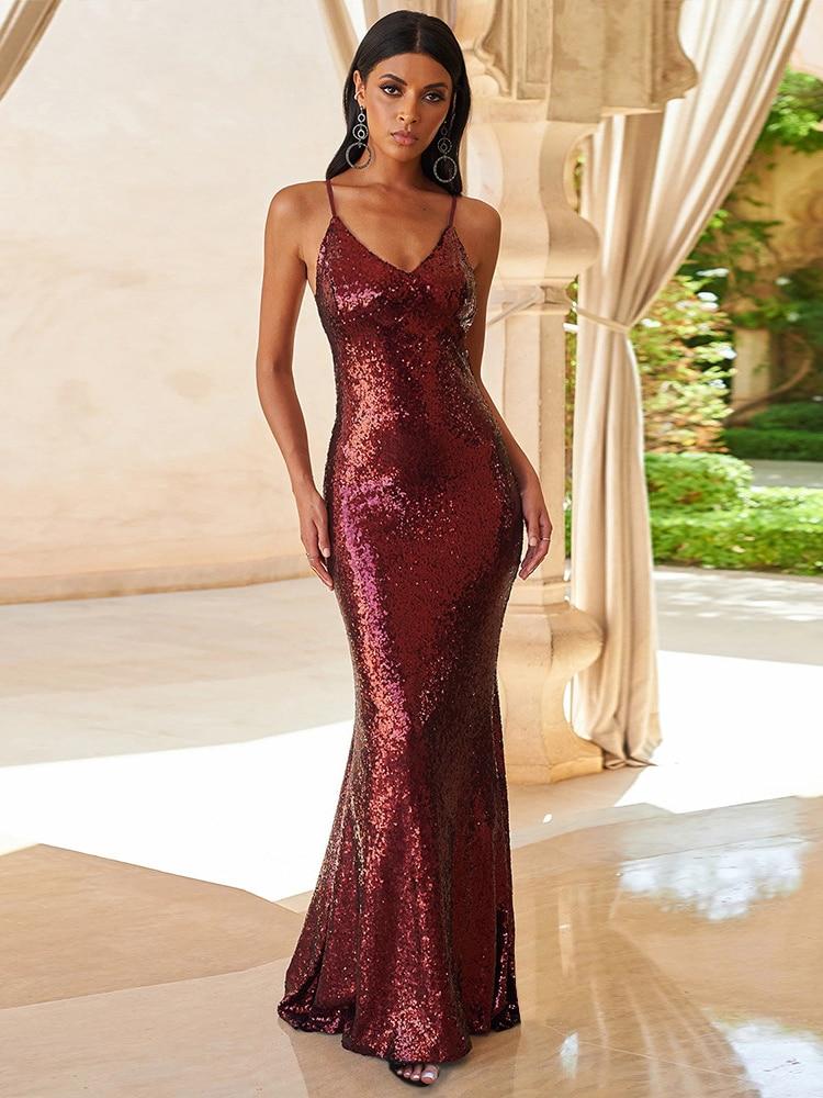 Backless Mermaid Shining Evening Dress Sequinde Formal Dress Sexy Sleeveless Suspenders Prom Gown V-neck Robe