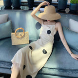 New Women Summer Satin Dot Print Dress Camisole Maxi Sundress Korean Fashion Dress