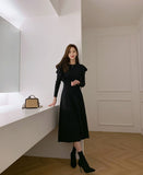 Winter Women Solid Knee-Length Knit Sweater Dress Ruffled Sleeves Slim Dress Elegant Ladies Party Dress