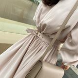 Women Spring Summer Front Button Midi Shirt Dress Solid Sashes Long Sleeve Casual Belt Waist  Office Lady Sundress