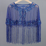 Women Vintage 1920s Shawl Beaded Sequin Fringe Flapper Bolero Sheer Floral Embroidery Mesh Shrug Cape Fancy Party Cover Up