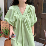 Summer Spring Women French Casual Puff Sleeve Dress Folds V-Neck Loose Solid Midi Vestidos