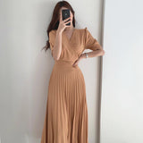 Women Elegant  Summer New V-Neck High Waist Slim Office Lady Casual A-Line Pleated Bandge Dress Vestidos