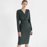 Autumn Women Elegant Fashion Office Lady Long Sleeve Dress Waistband Knee-Length Bodycon Dress