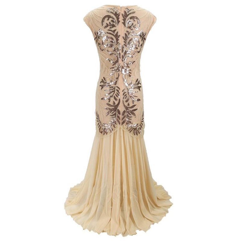 Women’s 1920s Long Party Beaded Sequin Evening Gown Gatsby Flapper Dress V-Neck Sleeveless Chiffon Maxi Dress