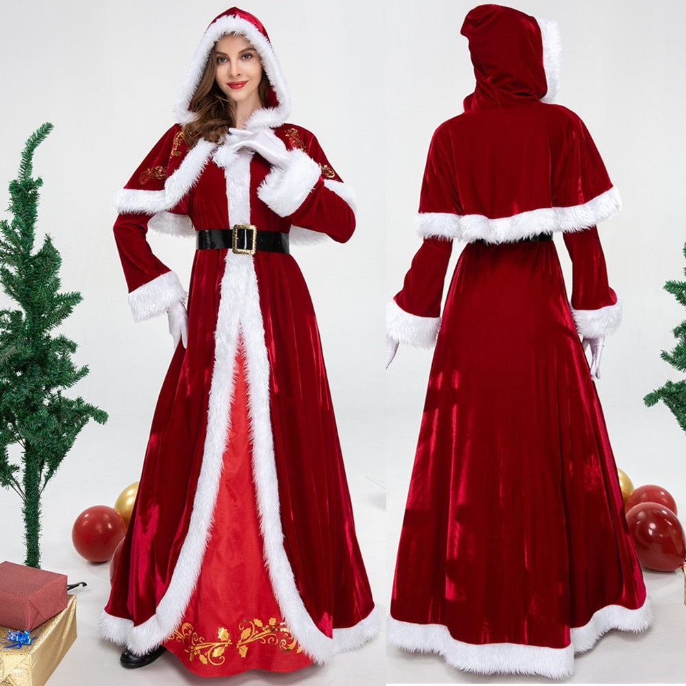 Santa Claus Cosplay Costume Suit For Adults Party Christmas Women Santa Claus Fancy Dress Deluxe Velvet Christmas Long Dress