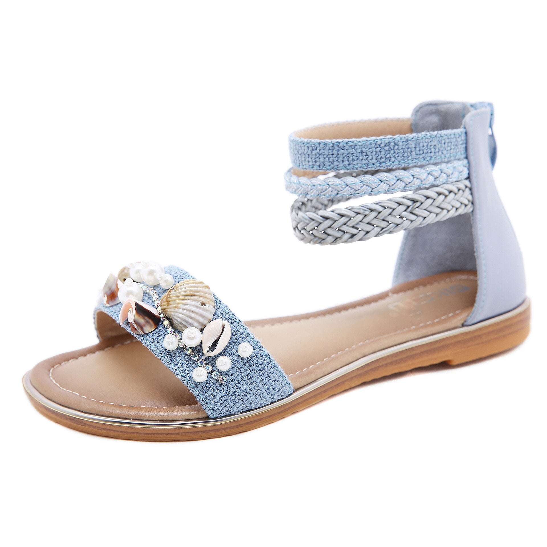 Summer Ethnic Style Women Shell Zipper Retro Casual Shoestrend All-Match Flat Bottom Female Sandals