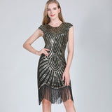 1920s Vintage Flapper Party Art Deco Great Gatsby Dress Shiny O-Neck Cap Sleeve Sequin Bead Fringe Embellished Dress