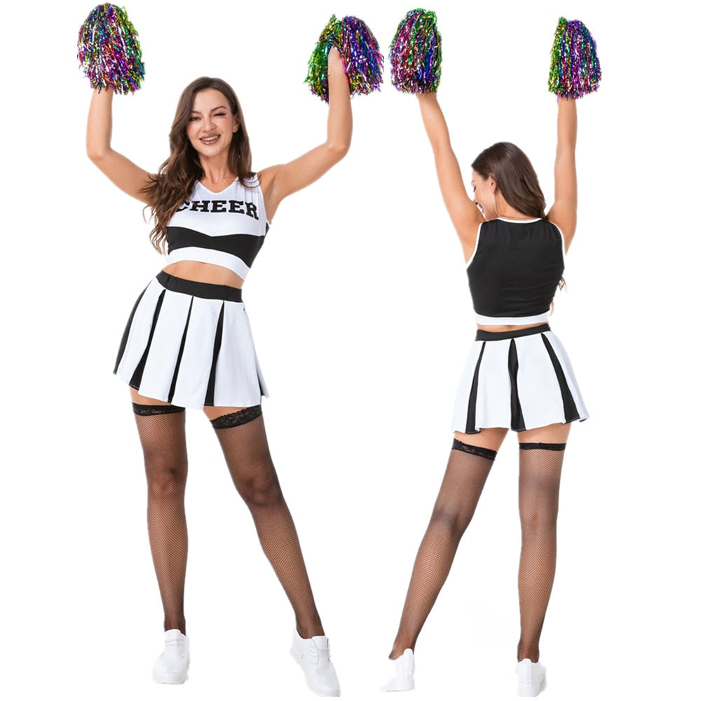(Top+Skirt+Pompoms) High School Girl Ladies Glee Style Cheerleading Costume Cheerleader Fancy Dress Uniform Party Costume