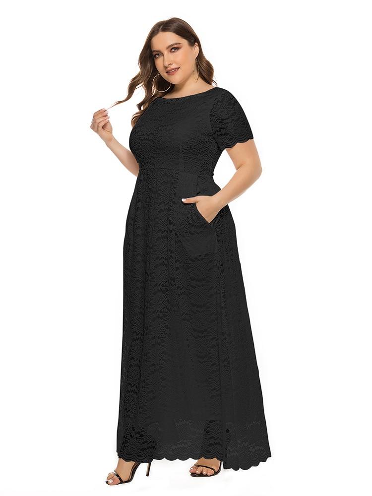 Black White 5XL Lace Dresses Short Sleeve O Neck Long Formal Robes Pocket Formal Party Dress Plus Size