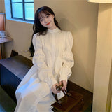 Women Puff Sleeve Casual Dress Autumn Single-Breasted Lace-Up White Shirt Dress Female A-line Vestidos