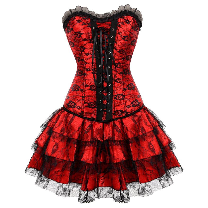 Sexy Satin Burlesque Corset With Brocade Floral Bustier Top And