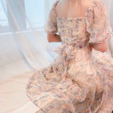 Korean Elegant Floral Boho Dress Women Summer Casual Sexy V-Neck Party Midi Dress High Waist Chiffon Casual Princess Fairy Dress