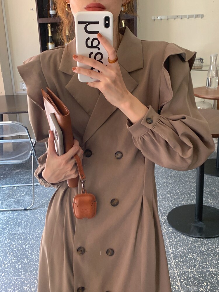 Notched Lapel Double Breasted Trench Dress Elegant Office Lady Ruffle Long Sleeve Midi Dress