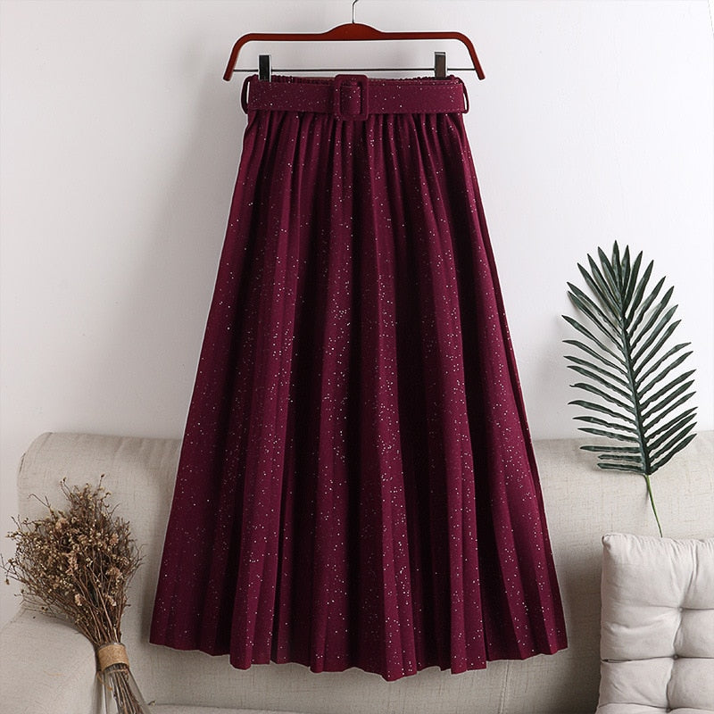 Spring Casual High Waist Belt Slim Women Solid A-Line Pleated Skirts Shiny Mujer Faldas Femme Jupes