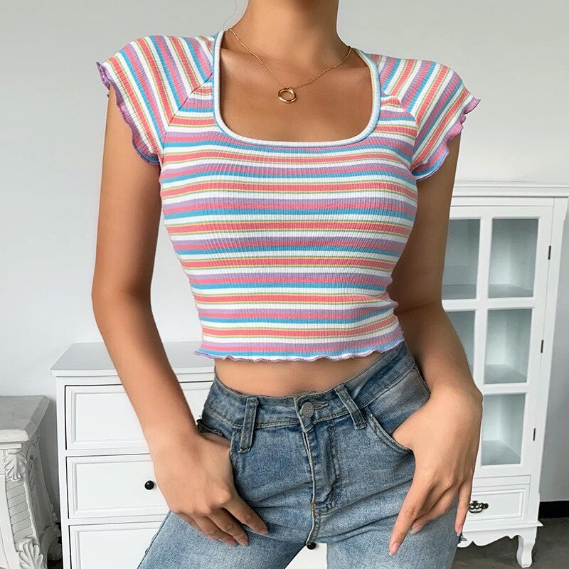 Knitted Rainbow Striped Women Tshirt Summer Short Sleeve Skinny Casual Tees Tops