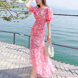 2021 Summer Vintage Floral Split Dress Women French Elegant Party Long Print Dress Sweet Irregular V Neck Holiday Beach Dresses