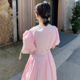 Korean Pink Kawaii Dress Women Fit Chic Designer Sweet Long Elegant Dress Summer 2021 Casual Puff Sleeve Party Pleated Dress