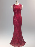 Formal Evening Dress Mermaid O Neck Sleeveless Long Party Gowns Robe Soiree Elegant Red Gold Black New Sequins Dress