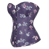 Women Purple Floral Print Lace Up Waist Training Cincher Overbust Corsets Buckle up Bustier Lingereie Gothic Corcelet