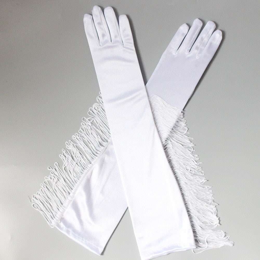 Satin Banquet Cocktail Party Opera Mitten Stretchy Long Fringe Gloves Dress Accessory Adult Costume Gloves