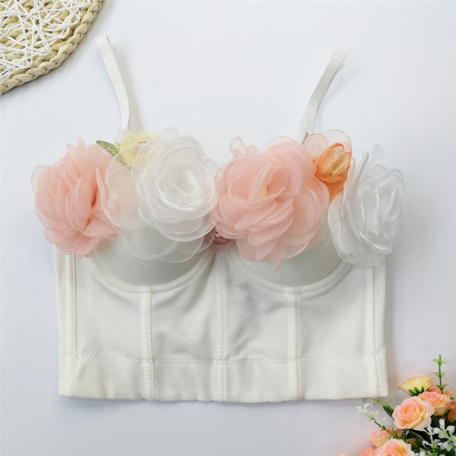 Flowers Crop Top To Wear Out Slim Cropped Top Night Club Party Show Corset Push Up Bustier Camis Built in Bra