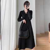 Women's Midi Knitting Dress Spring Autumn Female Slim V-Neck Lady Bottoming Pleated Sweater Dresses Vestidos