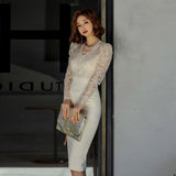 Autumn Women Lace Dress Elegant Lace Patchwork Hollow out Formal Party Knee-Length Bodycon Dress