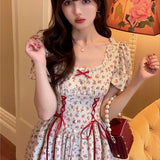 Summer Patchwork Kawaii Lace Up Japanese Sweet Party Mini Dress Short Sleeve Princess Chic Korean Bandage Dress