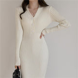 Elegant V-Neck Single-Breasted Women Solid Sweater Dress OL Style Long Sleeve Knitted Slim Midi Dress