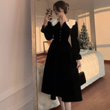 Spring Autumn Women's French Style Dress Fashion Print Retro Bow Long Sleeve Party Dress