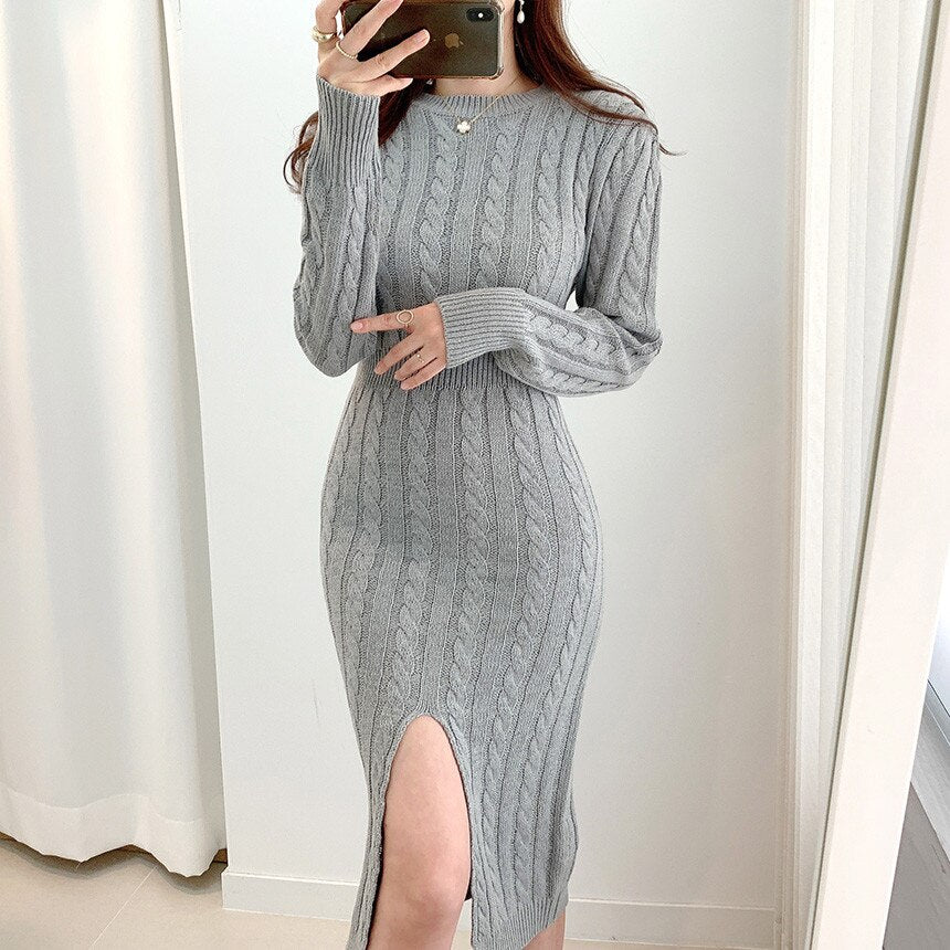 Autumn Winter Crew Neck Cable Knitted Sweater Dress Women Elegant Long Sleeve Front Slit Sexy Bodycon Midi Dress