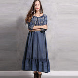 Spring Denim Embroidery Loose Long Women Casual Loose Ruffle Dress Streetwear