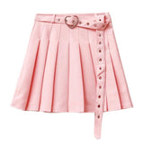 Harajuku Punk Style Pleated Skirt Women Girls White Pink Black High Waist Mini Sexy Fashion Sashes Skater With Heart Shape Belt