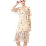 1920s Flapper Short Sleeve V-neck Sequin Fringe Party Vintage Dress Long Vestidos