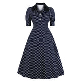 Navy Blue Polka Dot Cotton Puff Sleeve High Waist Robe Pin Up Retro Vintage Dress