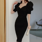 Elegant Party Women Dress Slim V-Neck Knee-Length Pencil Korean Style Dress 2021 Summer Office Lady Puff Sleeve Vestdios