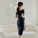 Elegant Summer Women Office Lady Sexy Off Shoulder Buttons Bodycon Work Formal Dress Slim Waist Vestidos