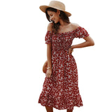 Women Summer Slash Neck Off Shouder Ruffles A-line High Waist Ladies Boho Slim Beach Dress Sundress