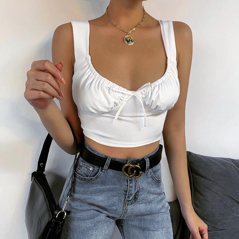 Casual Women Sleeveless Bustier White Bottoming Bow Tees Tank Tops