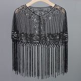 Women Vintage 1920s Shawl Beaded Sequin Fringe Flapper Bolero Sheer Floral Embroidery Mesh Shrug Cape Fancy Party Cover Up