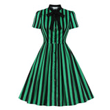 Bow Tie Neck Green Striped Vintage Robe Button Up Elegant Lady Cotton Plus Size Retro Dress